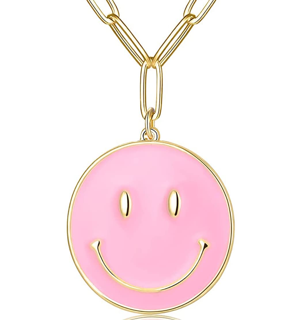 New KorbahSmiley Face Paperclip Necklaces, Gold Plated Stainless Steel Chain Simple Cute Round Smile Necklace Preppy