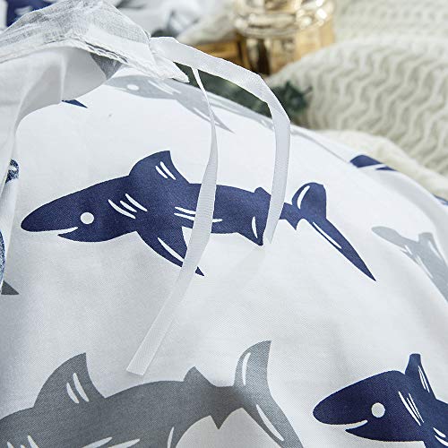 BuLuTu Blue Grey Shark Twin Kids Boys Bedding Duvet Cover Set Cotton White,Reversible Shark Bedding Sets For Teens with Zipper Closure,1 Duvet Cover and 2 Pillowcases (no Comforter)