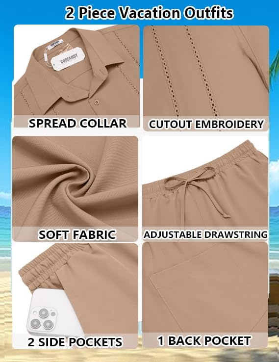 COOFANDY Men's 2 Piece Outfits Cuban Guayabera Short Sleeve Shirts and Shorts Summer Beach Vacation Sets for Men - Image 6