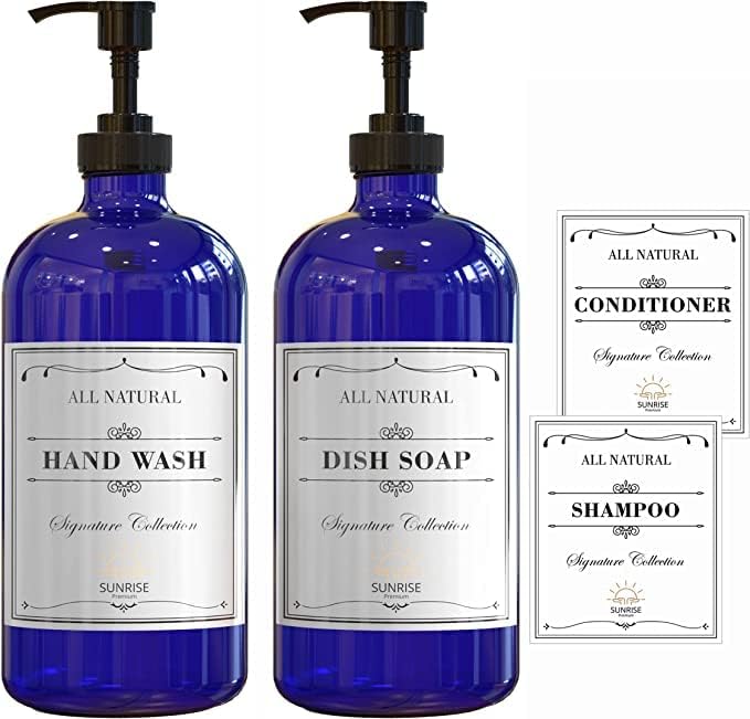 Sunrise Premium 16 OZ Cobalt Blue Glass Soap Dispenser with Plastic Pump 2 Pack, Hand and Dish Soap Dispenser Set for Bathroom and Kitchen Sink with 4 Waterproof Labels