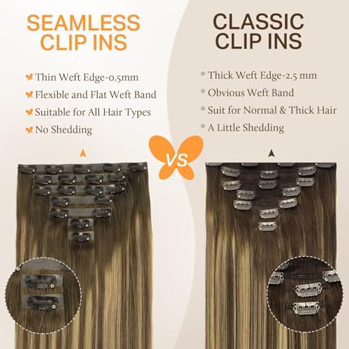 Image of DOORES Seamless Clip in Hair Extensions Real Human Hair, Chocolate Brown to Caramel Blonde 18 Inch 110g 7pcs, Extensions Skin Weft Remy Straight Invisi Edge Weft
