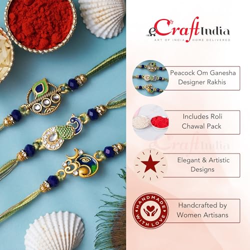 Image of eCraftIndia White Red Golden Set of 3 Pearl Rakhi for Brother with Roli Chawal Pack