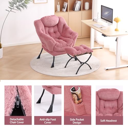 Image of LITA Lazy Chair with Ottoman, Modern Accent Leisure Upholstered Sofa Chair, Lounge Reading Chairs with Armrests and a Side Pocket for Living Room, Bedroom & Small Space, Plush Dark Pink