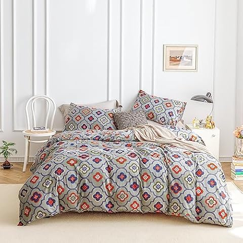 YuHeGuoJi Boho Morocco Duvet Cover King 100% Cotton Blue Rust Floral Duvet Cover 3 Pcs Set 1 Southwestern Bohemian Duvet Cover with Zipper Ties 2 Pillowcases Geometric Flower Bedding Set Soft Cover