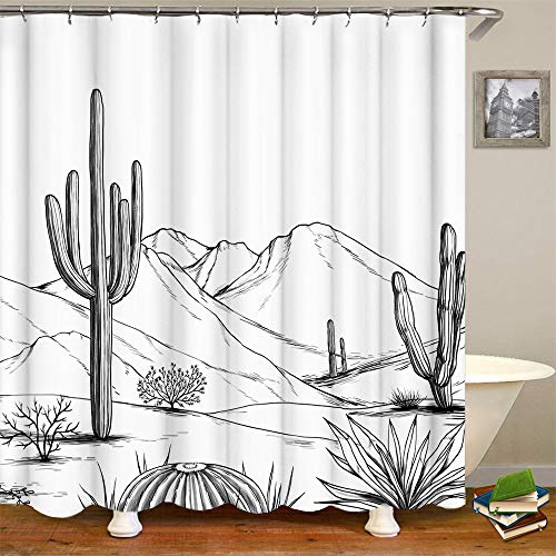 Rnnjoile Western Shower Curtain Aztec Cactus Desert Bath Curtain Black White Bathroom Decor With Hooks Waterproof Fabric 72 Inch×72 Inch thumb #4