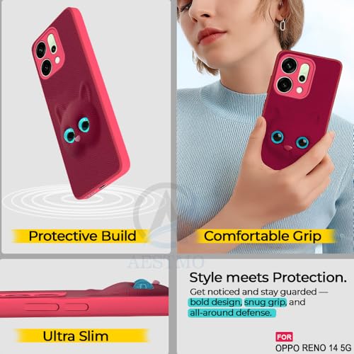 Image of AESTMO Back Case Cover for Oppo Reno 14 5G Back Cover | 3D Cat Cover | Leather Finish | Full Body Protection | Camera Protection Back Cover for Oppo Reno 14 5G (Pink)