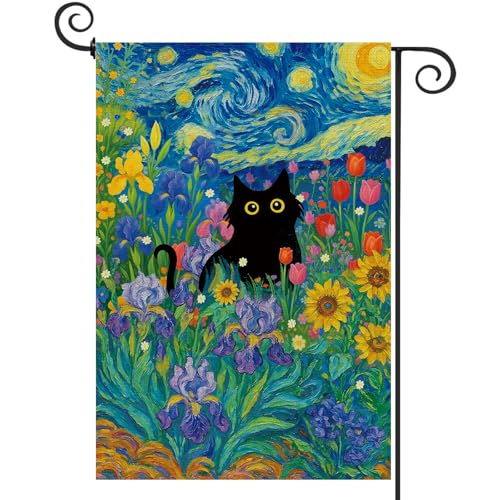 Baccessor Spring Summer Black Cat Garden Flag Double Sided 12.5 x 18 Inch Burlap with Clip and Stopper,Starry Night Flowers Flag Yard Lawn Seasonal Farmhouse Outside Outdoor Decoration