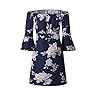 SVALIY Women Off Shoulder Ruffles Floral Tunic Casual Party Shift Short Dress (M, Navy)