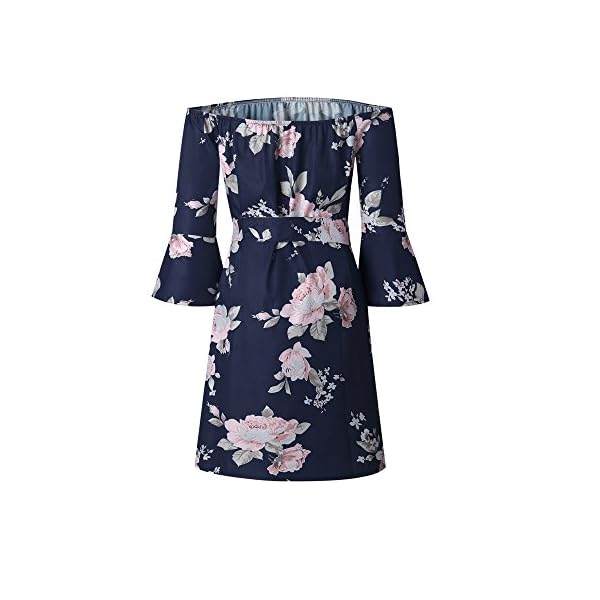SVALIY Women Off Shoulder Ruffles Floral Tunic Casual Party Shift Short Dress (M, Navy)
