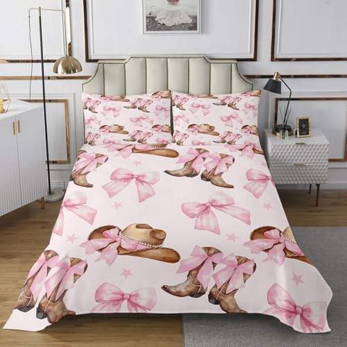 Manfei Pink Bowknot Cowgirl Boots Bedspread Queen Size Bedding for Teens Living Room Western Cowgirl Decor Coverlet Set Princess Bow Tie Quilt Set for All Season,3 Pcs with 2 Pillowcases
