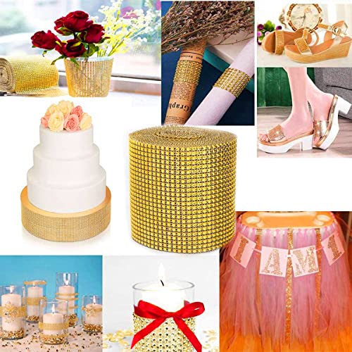 Bling Rhinestone Diamond Mesh Ribbon Wrap,Storystore Silver Acrylic Bling Diamond Wrap Ribbon for Wedding, Cake, Vase Decorations, Party Supplies (60Ft Gold)