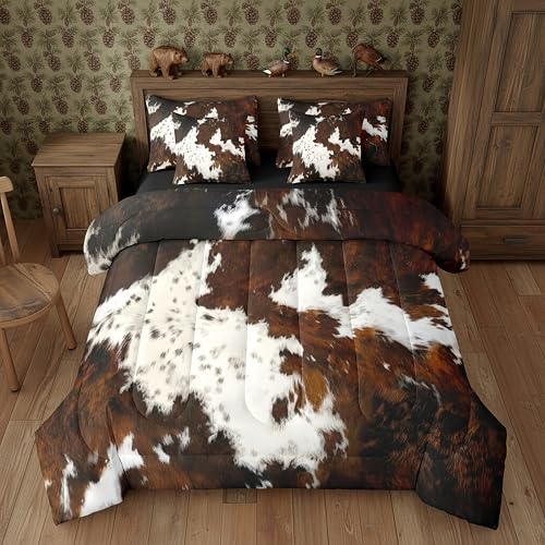 Erosebridal Brown Cow Print Queen Comforter Set 7 Piece Simulated Black Cowhide Western Farmhouse Bedding Sets with Sheets Rustic Highland Cow Skin Bed in a Bag with Fitted Flat Sheet Pillowcases