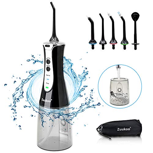 Water Flosser for Teeth Cordless, Zuukoo Rechargeable Oral Irrigator Dental Flosser IPX7 Waterproof 320ML 3 Modes 5 Jet Tips Helps Whiten Teeth?FDA Approved