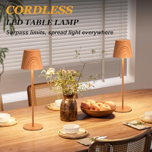 Image of Kakanuo Wood Grain Cordless Table Lamp Rechargeable - 2 Pack 5000mAH Battery Operated Lamp for Counter, 3 Color Stepless Dimming Wireless Lamp for Dining Kitchen, Outdoor Patio, Touch Control