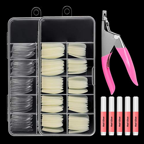 200PCS No Trace Coffin Long Ballerina Acrylic False Nails, Acrylic Nail Set Natural Clear Full Cover Long Coffin Nail Tips with Nail Cutter, Nail Tips Glue