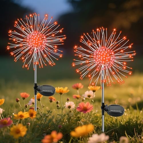 Garden Outdoor Lights, 2 Pack 120 LED Solar Garden Lights Fairy Lights Outdoor Waterproof Decorative Solar Firework Lights for Yard, Patio, Pathway, Flowerbed Party Wedding Decor, Orange