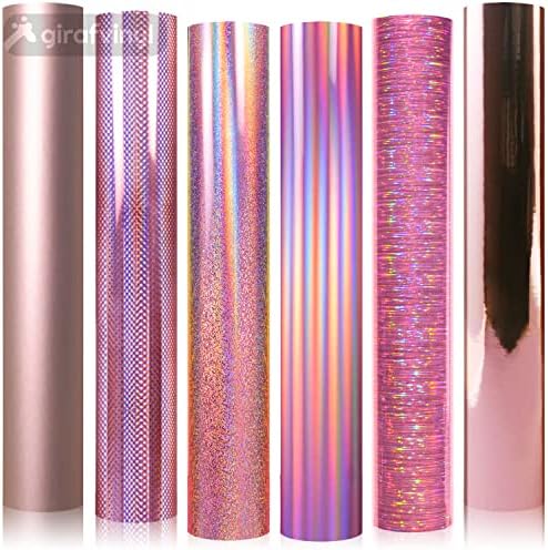 GIRAFVINYL Holographic Vinyl Rose Gold Permanent Vinyl Adhesive Vinyl for cricut 12” X 12” 6Pcs Vinyl for Decor,Car,Home,Tumblers