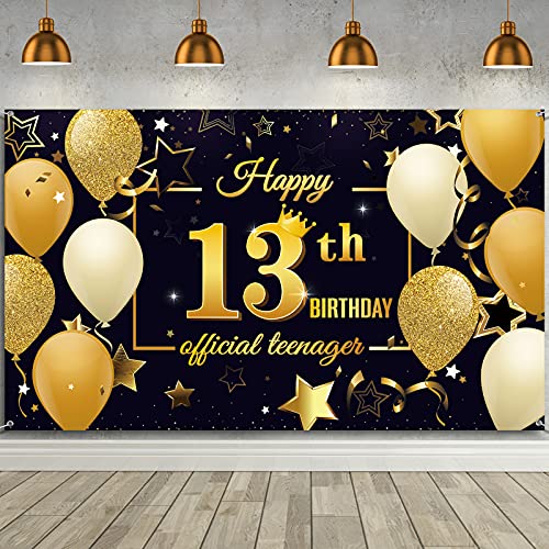 Bannière officielle pour adolescent 13 ans et toile de fond anniversaire noir et dorée