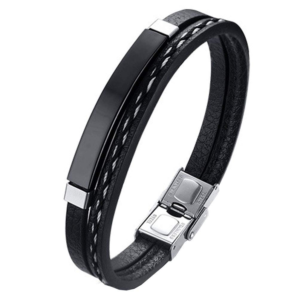 LEGADOPulsera hombre, cuero pu y acero inoxidable, brazalete vikingo chico negra combinable con anillo pendiente collar colgante o tobillera muñequera, personalizable