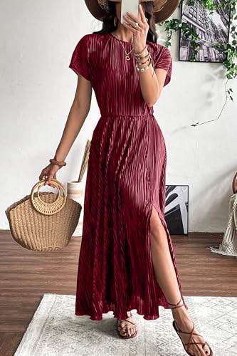 Image of CCTOO Womens Summer Maxi Dresses: Casual Short Sleeve Crewneck Slit Sundress Ruffle Pleated Long Flowy Party Cocktail Dress