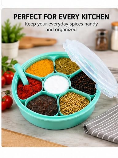 Image of Spice Box for Kitchen 7 Compartment Masala Box with Spoon (Multicolour)