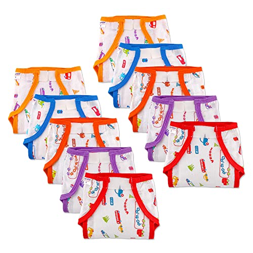 Image of Washable Reusable Printed Welcro Self Fastener Cotton Muslin Nappy, Langot For New Born Baby - (Pack of 10, Traffic Print 3-6 Months)