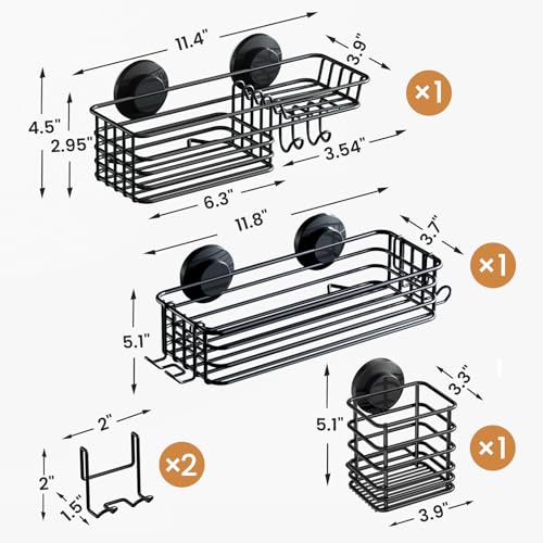 Image of LEVERLOC Shower Caddy Suction Cup, 3 Pack Heavy Duty Bathroom Organizer for Inside Shower with Hooks & Soap Holder, Removable Bathroom Organizer, Rustproof Black Holder Storage Black
