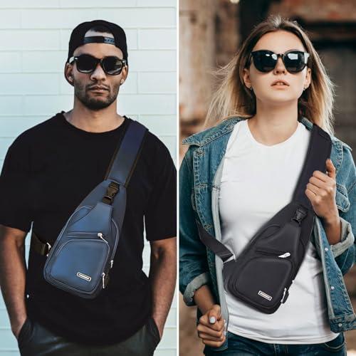 Peicees Mens Crossbody Bag Trendy Sling Bag Fashion Man Purse Waterproof Sling Backpack Daypack Cross Body Chest Bag for Men Women, Leather Black and Nylon Black2