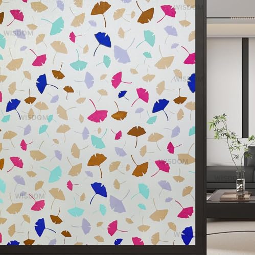 Image of WISDOM Premium Frosted Glass Window Film Self Adhesive Decorative Glass Window Privacy Sheet Film UV Control Removable Vinyl Privacy Film (Color Leaves, 24x200 Inch)