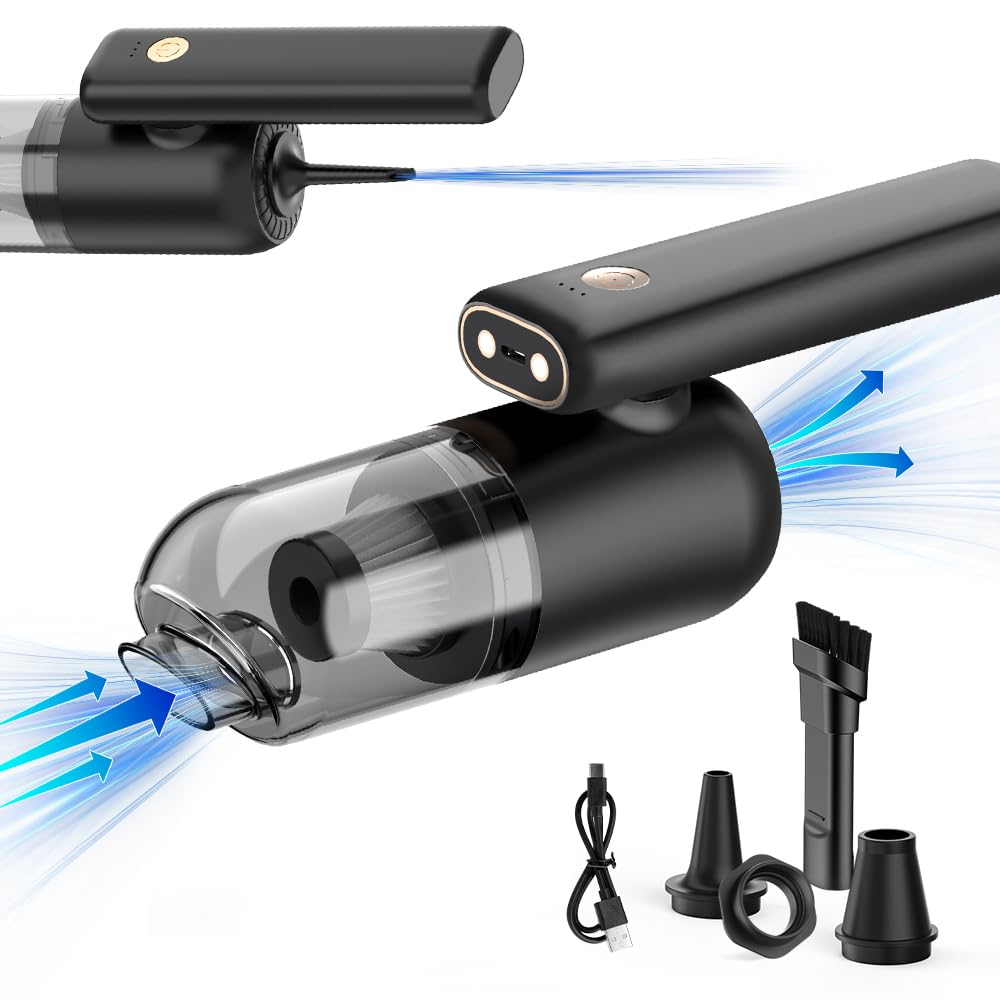 Handheld Vacuum Cleaner Cordless Handheld Vacuum 2000mAh Car Rechargeable 180°Foldable Inflator Portable Suction & Air Duster with Led Light Low Noise for Car Travel Home Office Pet Hair Black (black)