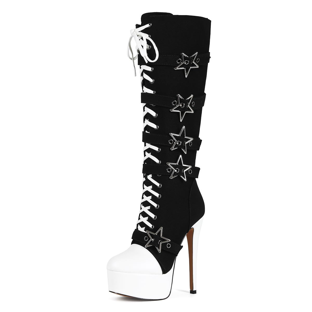 Feinlina Womens Fashion Canvas Knee High Stiletto Boots Round Toe Lace-up Platform Heels Club Party Booties