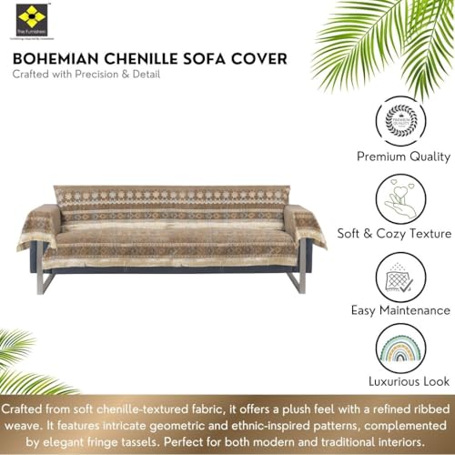 Image of Elegant Woven Brown Sofa Cover Soft Chenille Traditional Pattern with Lace Style | L-Shape Sectional Seat Protector for Living Room | Durable & Stylish Slipcover 3 Seater with Arms