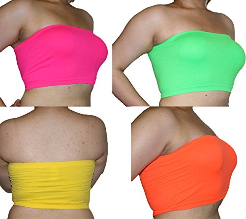 Pack of 4 Plus Size Bandeau Tube Bras - Seamless! FITS 1X-2X-3X Pink-Green_Yellow_Orange