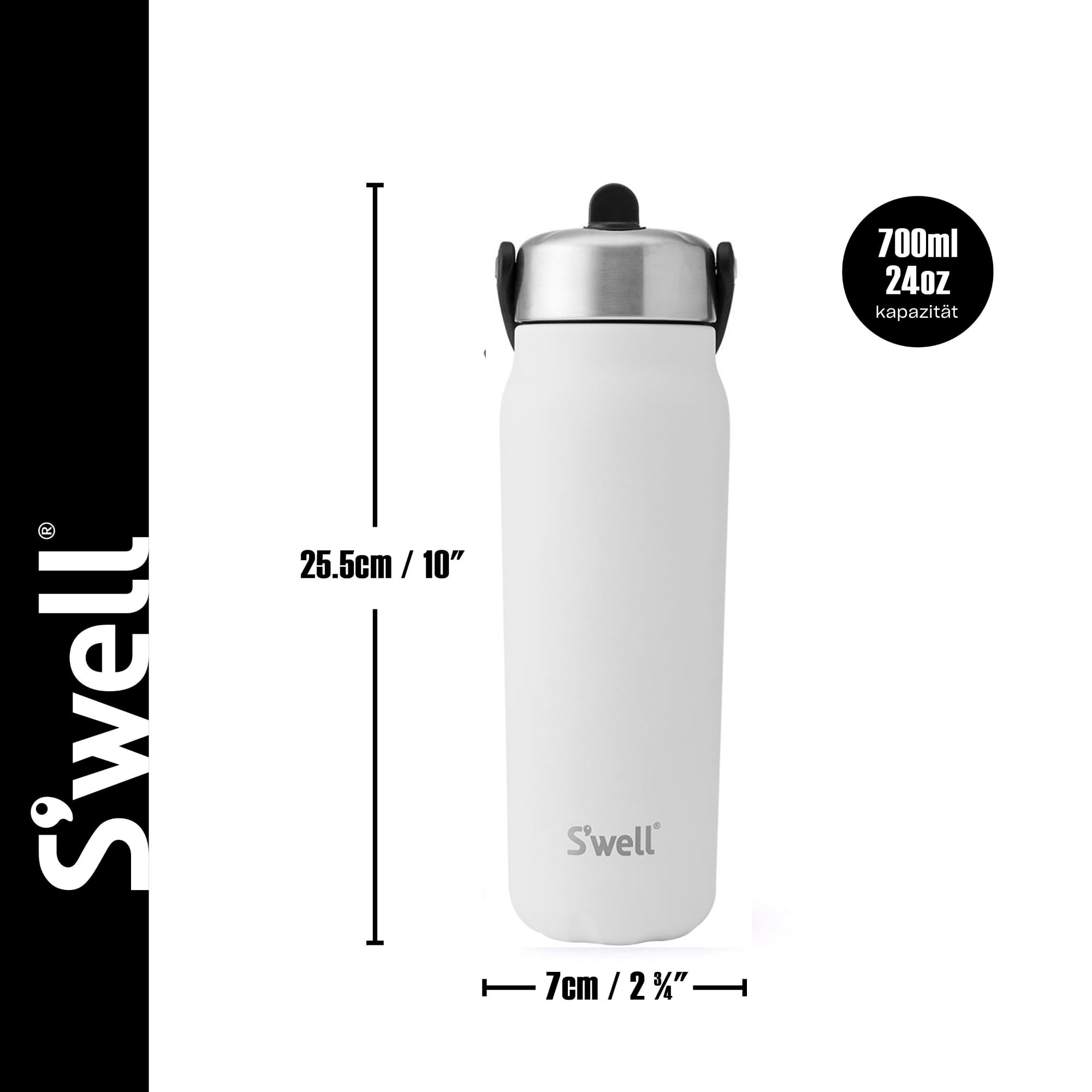 S'well Explorer Flasche aus recyceltem Edelstahl mit Klapp-Trinkhalm-Deckel, 700 ml, Stil weißer Mondstein, dreilagiger, vakuumisolierter Behälter, hält Getränke 36 h kalt und 8 h heiß, BPA-frei