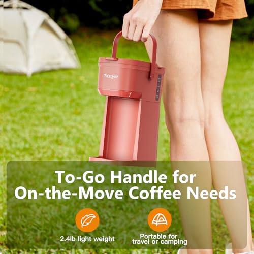 Image of Tastyle Single Serve One Cup Coffee Maker, for K Cups and Grounds, Mini Coffee Maker with Portable Handle, 6 to 12 Oz Brew Size, for Travel, Camping, Office, RV and Dorm, 120V, Salmon Pink