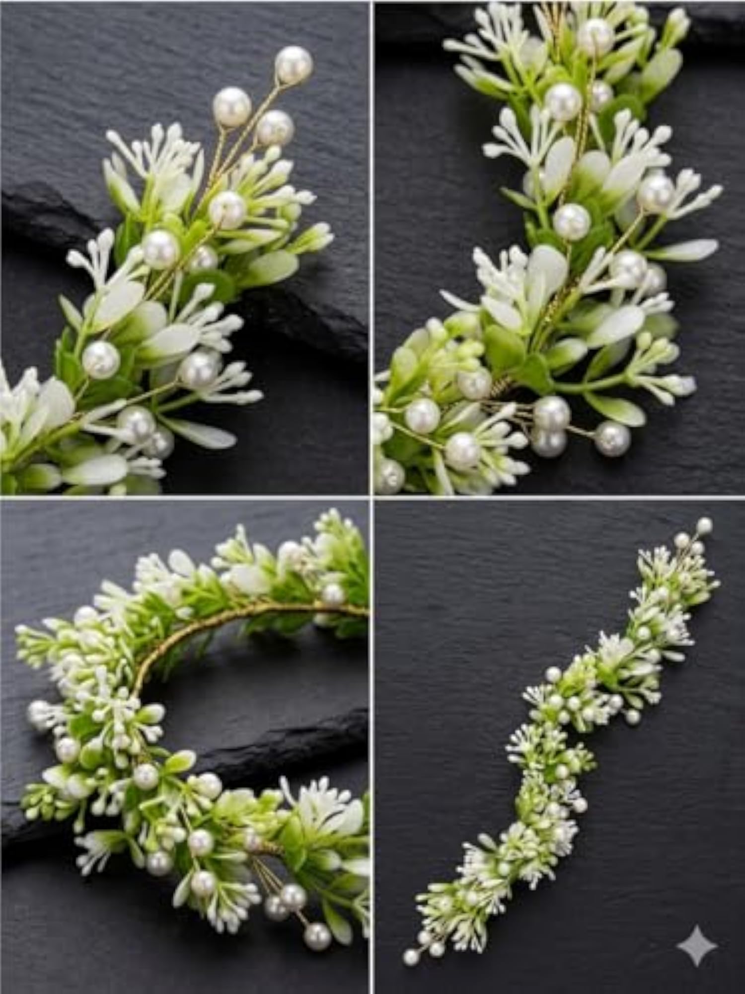 Bridal Floral Hair Vine with Pearls, Green and White