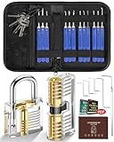 Set Fabbro, IPSXP Grimaldelli da 25 Pezzi Lock Picking con 2 Trasparente Serratura Lucchetto con Borsa di Pelle, Pratica Aprire le Serrature Set per Principianti