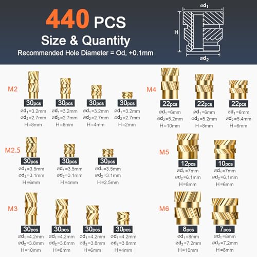 INCLY 440PCS Threaded Inserts M2 M2.5 M3 M4 M5 M6 Brass Heat Set Inserts for Plastic Parts Metric Knurled Nuts Assortment Kit for 3D Printing Components Injection Molding