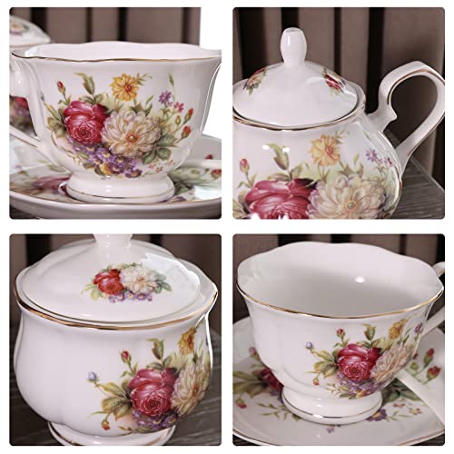 Dagibaycn Red Flowers Porcelain Tea Set,Tea Cup And Saucer Set,Service For 6,Wedding Teapot Sugar Bowl Cream Pitcher,China Coffee Set #TOP1