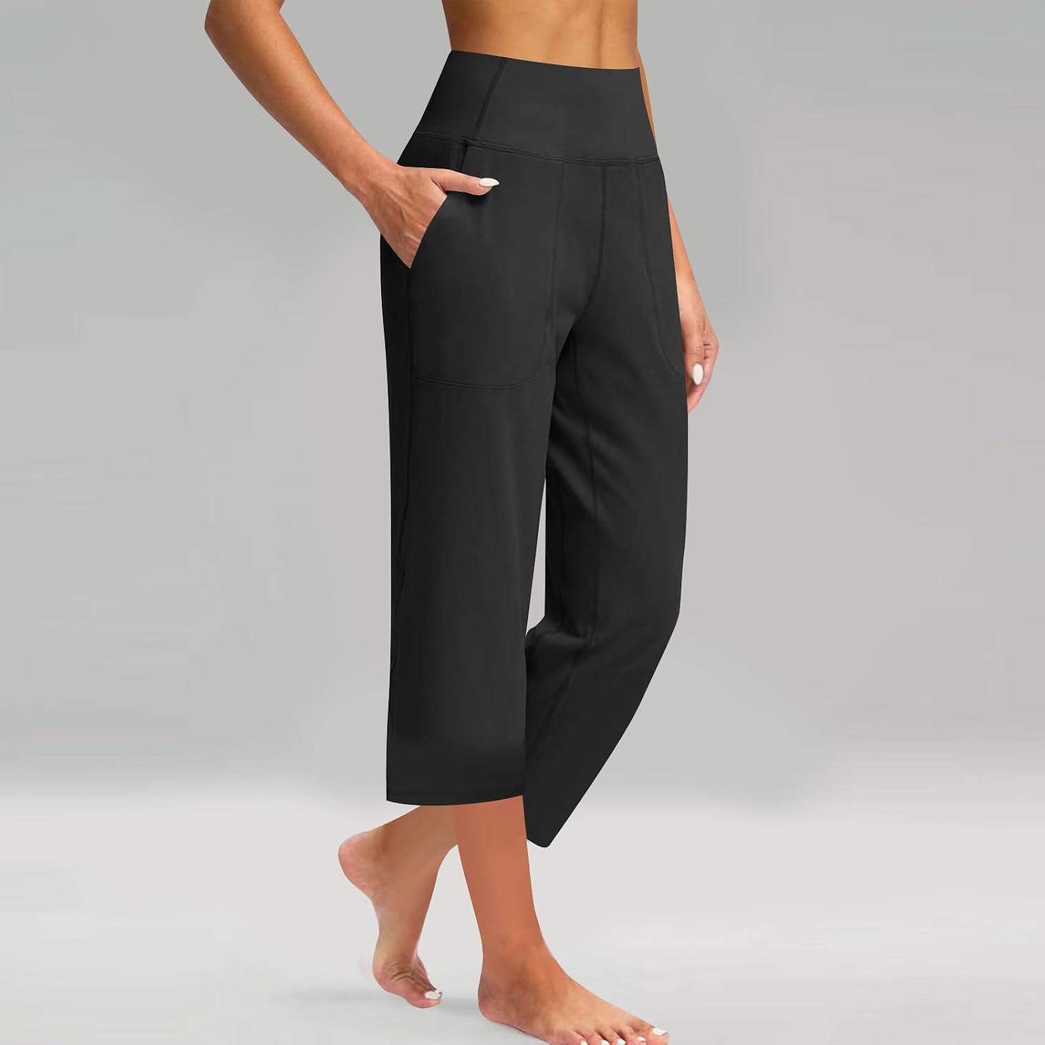 Womens Pull on Capris with Pocket Yoga Capri Pants High Waist Leggings Crop Straight Leg Athletic Workout Pant