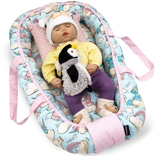 Borsa per bambole PinkZebra, nido per bambole, nido portatile a forma di guscio per bambole e peluches fino a 48 cm, nido per bambole in cotone, nido accogliente, borsa e culla per bambole, unicorno