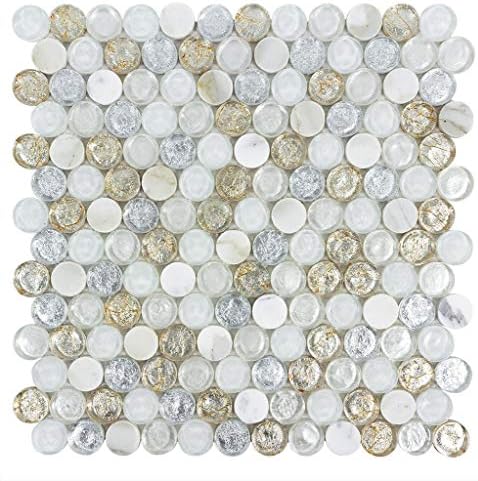 MTO0518 Modern 1" Penny Round White Gray Copper Metallic Glossy Glass & Stone Mosaic Tile (Sample Swatch)