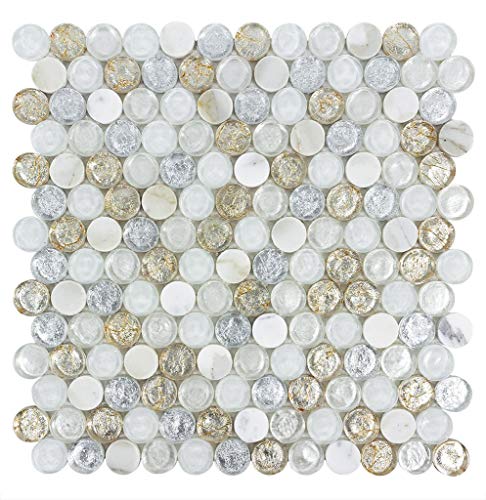 Mto0518 Modern 1" Penny Round White Gray Copper Metallic Glossy Glass & Stone Mosaic Tile (Sample Swatch) #TOP25