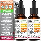 (2 Pack) Organic Vitamin D3 K2 Drops 5000 IU with MCT Oil Omega 3 - Maximum Strength Liquid D3 with No Fillers, Non-GMO for Faster Absorption, Immune Support (Strawberry, 2 Fl Oz)