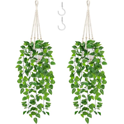 USLAI Fake Hanging Plant, Artificial Pothos Vines Greenery with Pot and Macrame Plant Hanger for Indoor Outdoor Boho Decor