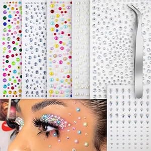 Face Gems Self Adhesive Face Rhinestones, Stick On Pearls Hair Gems, Face Jewels for Makeup Festival, Pearl Rhinestones for Face, Eye, Body,Crafts,1 Tweezers Included, 6 Sheets