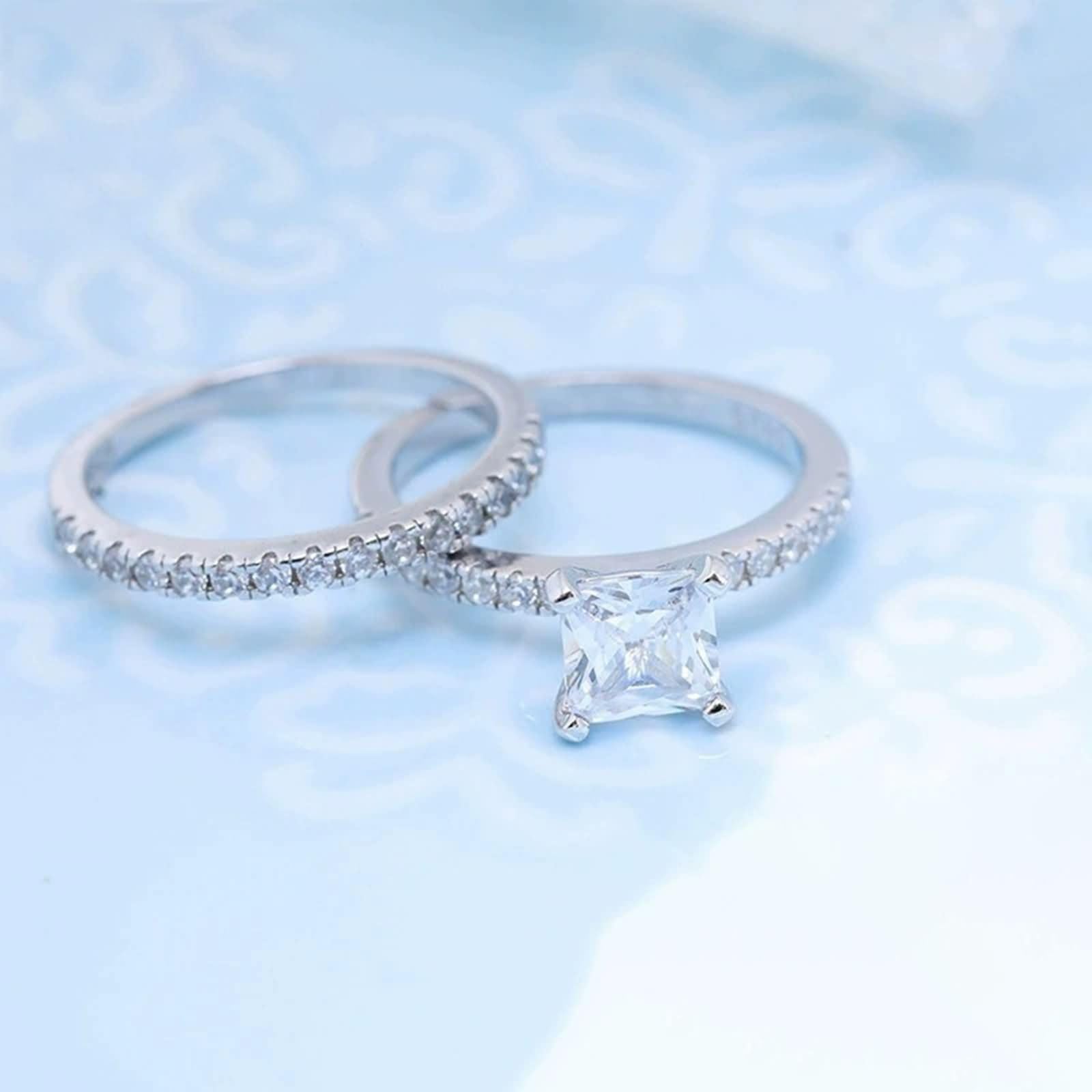 Anillo de Plata de Ley 925 y Grabados Personalizados para Mujer, Set de Anillos Cuadrado 7x7MM con Circonita Anillos de Compromiso Oro para Mujer