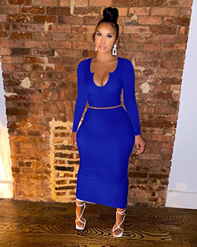 Image of Women Sexy Two Piece Skirt Outfits Long Sleeve /Sleeveless V Neck Bodycon Ribbed Knitted Maxi Club Party Dress