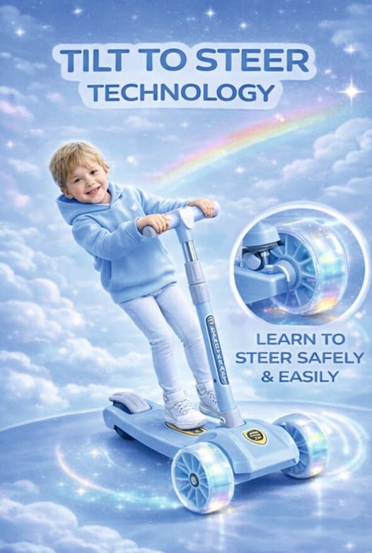 Image of Kids Foldable Kick Scooter with 4 Level Adjustable Height & LED PU Wheels | for Ages 3-14 Years | Rear Brake | 50 kg Weight Capacity | Color Blue