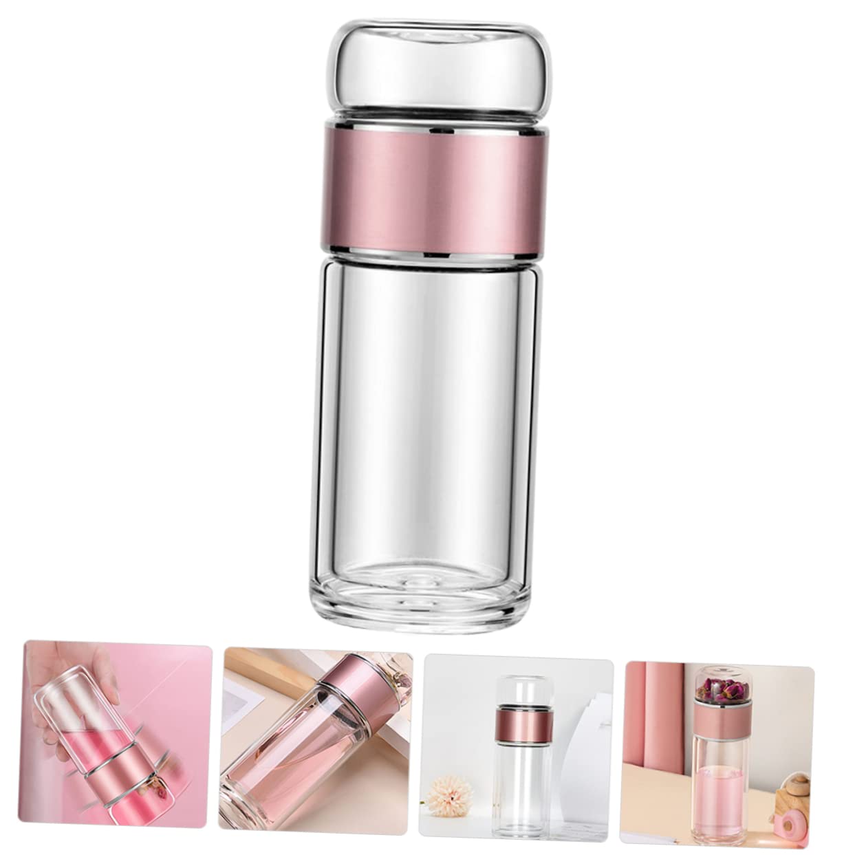 COLLBATH Tragbare Teetasse mit Teesieb und Deckel, 250ml Glas, Roségold